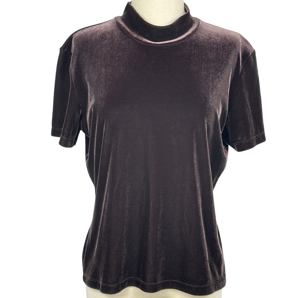 Vintage Velvet Mock Neck Top Dark Brown Minimalist Soft Goth‎ Y2K Womens L